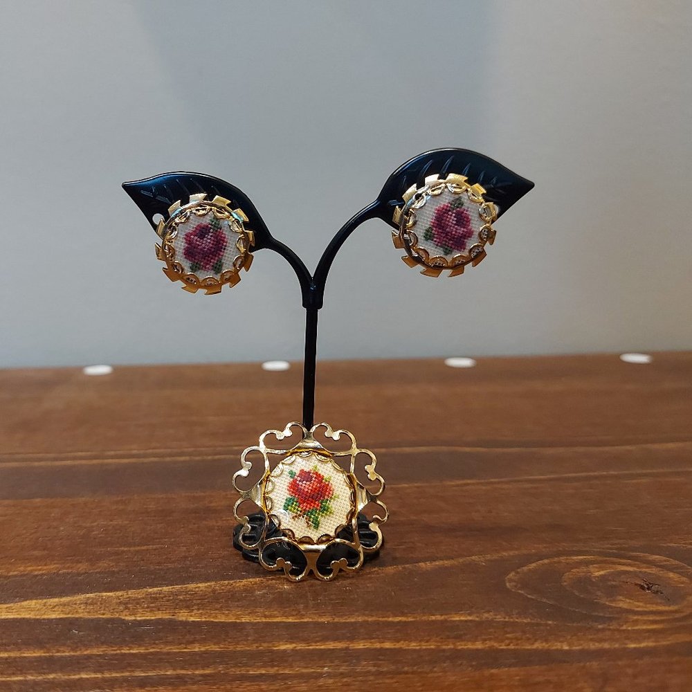 Vintage Flower Cross Stitch Brooch & Earrings Set